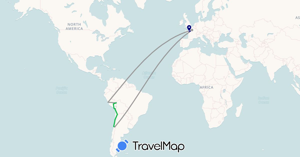 TravelMap itinerary: driving, bus, plane in Chile, France, Peru (Europe, South America)